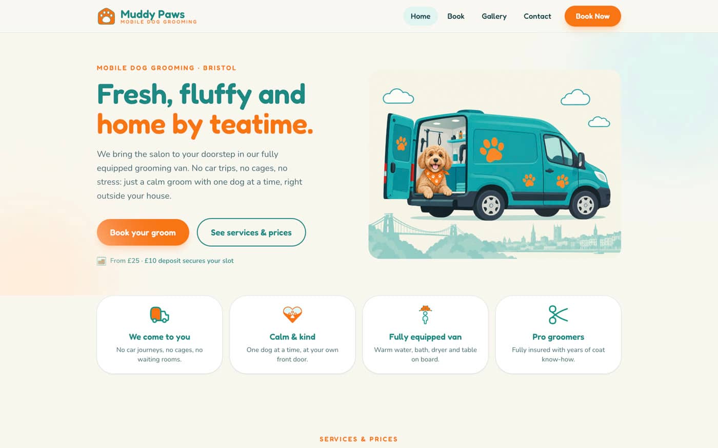 Muddy Paws mobile dog grooming website built with Launch
