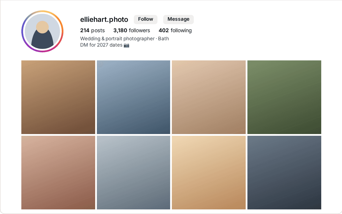 Instagram profile of a wedding and portrait photographer in Bath, with a grid of photos