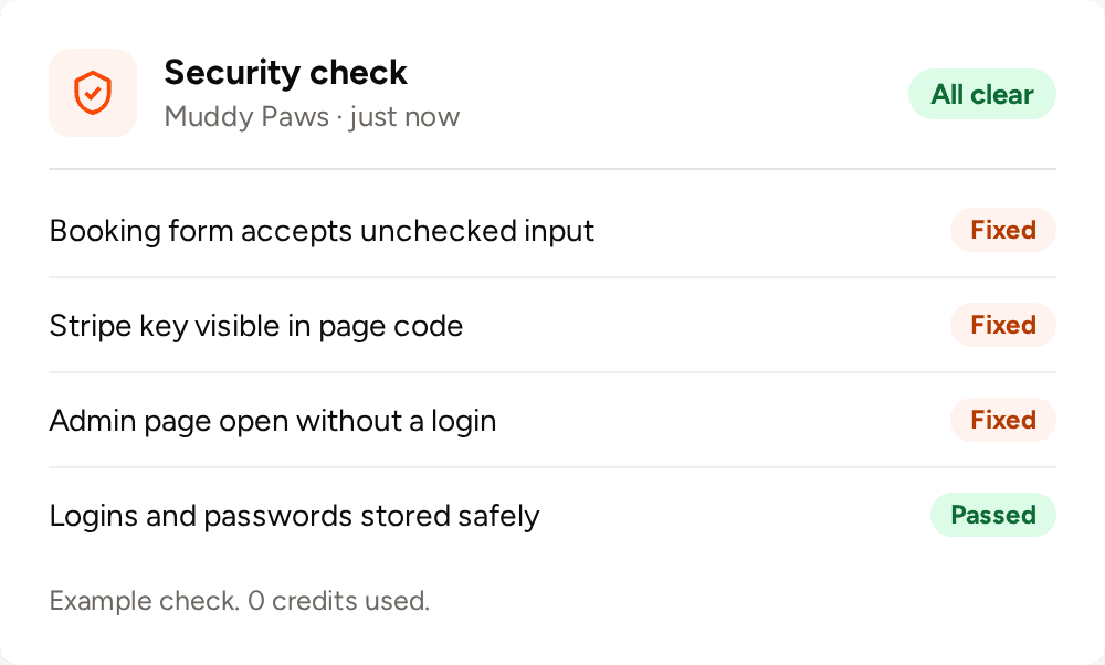 Example security check on the Muddy Paws site: three issues found and fixed (booking form accepts unchecked input, Stripe key visible in page code, admin page open without a login), logins and passwords stored safely passed, all clear, 0 credits used