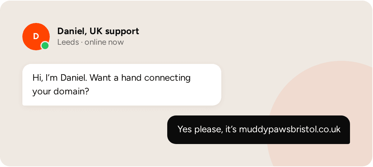 A live chat with Daniel from UK support, who offers to help connect a domain