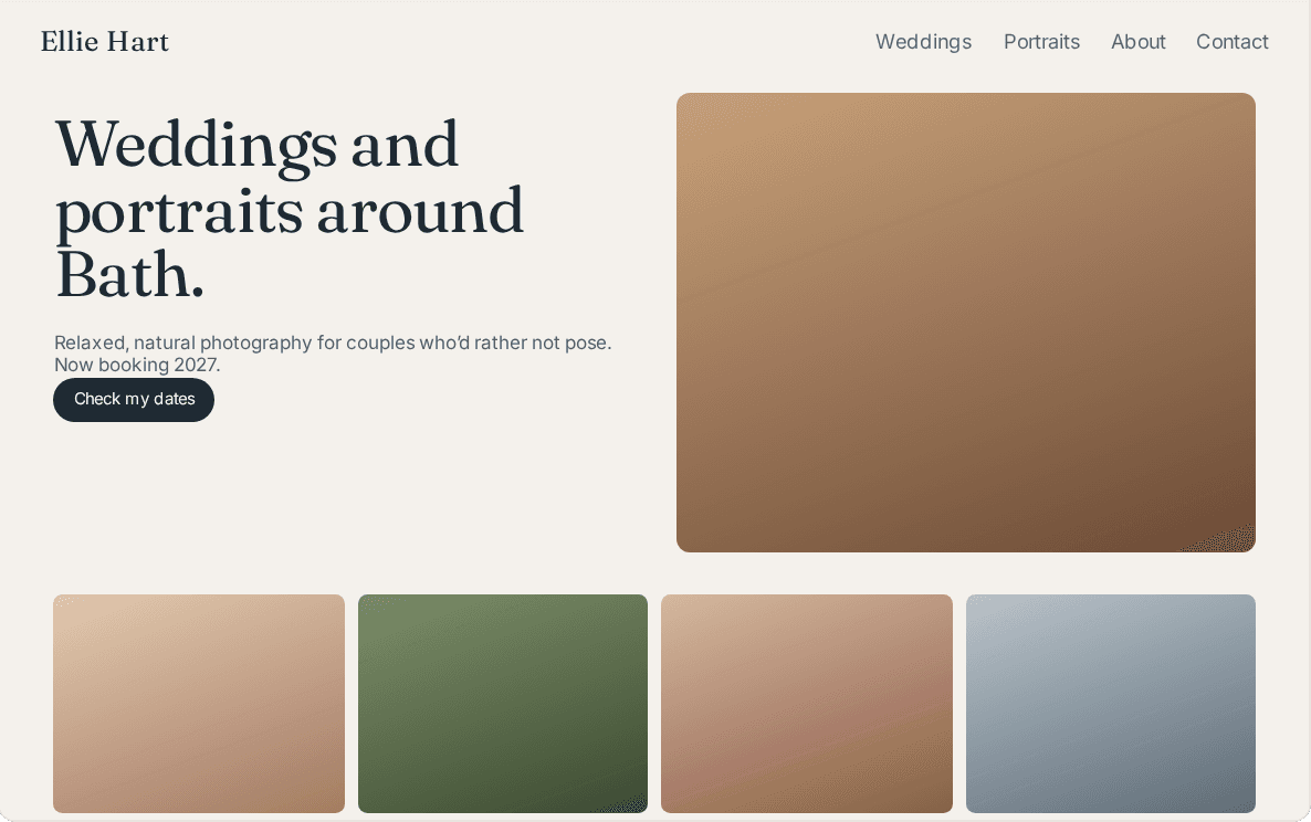 The photographer’s website Launch built from that profile: weddings and portraits around Bath